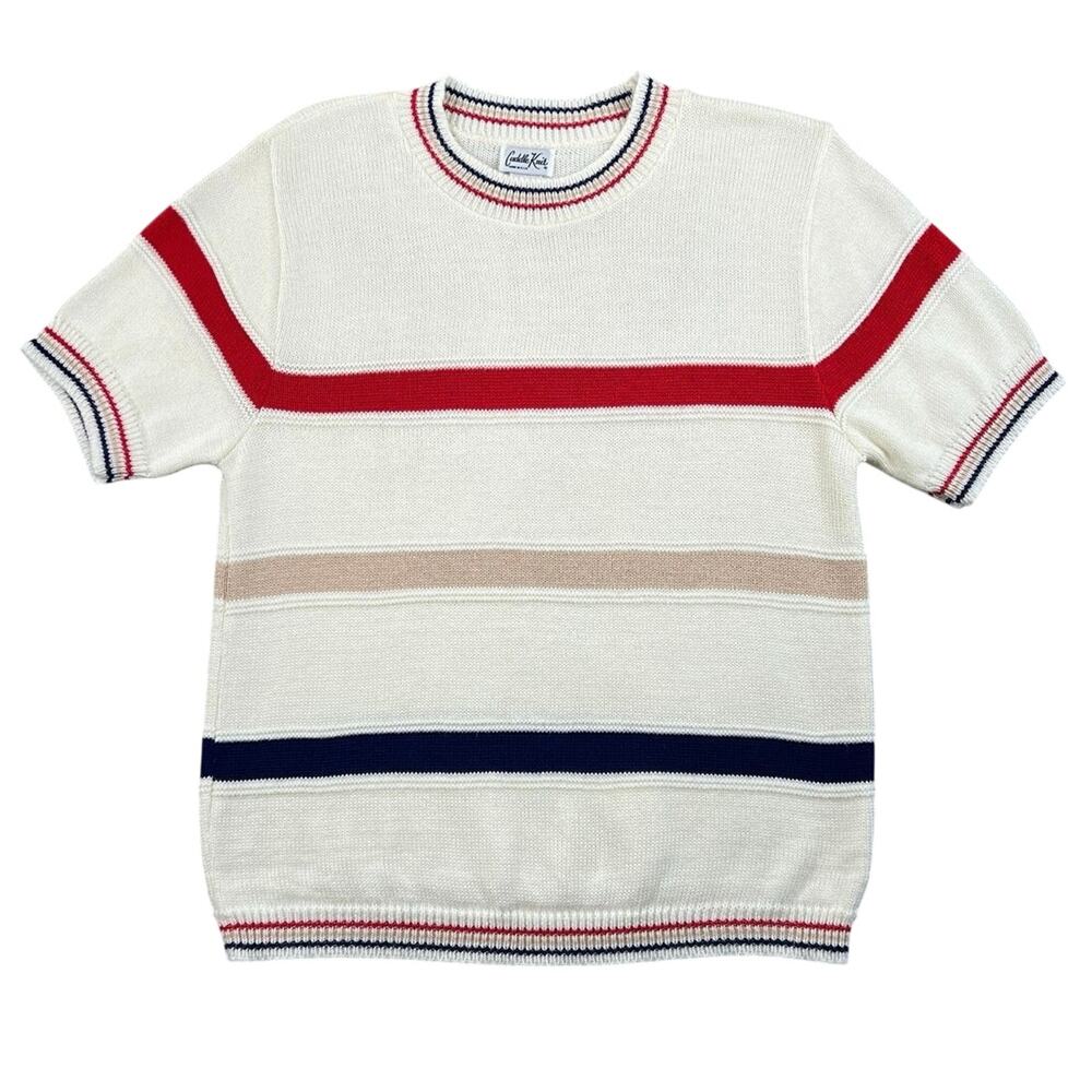 Vintage 80s Cuddle Knit USA Short Sleeve Sweater Ivory Striped Preppy Cottage S